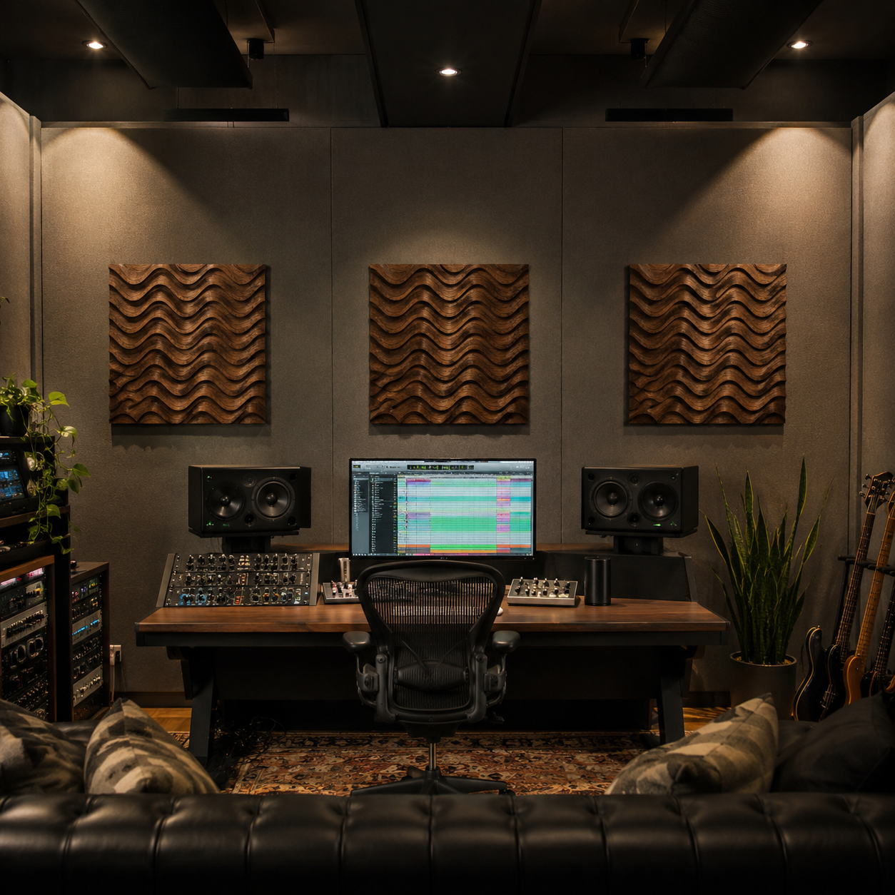 A modern recording studio featuring Form Arcade's Abstract Wavy Acoustic Panel Relief STL File as stylish CNC wall art, with a large desk holding audio equipment, a computer monitor displaying audio tracks, speakers, guitars, and plants—all viewed from behind a black couch.