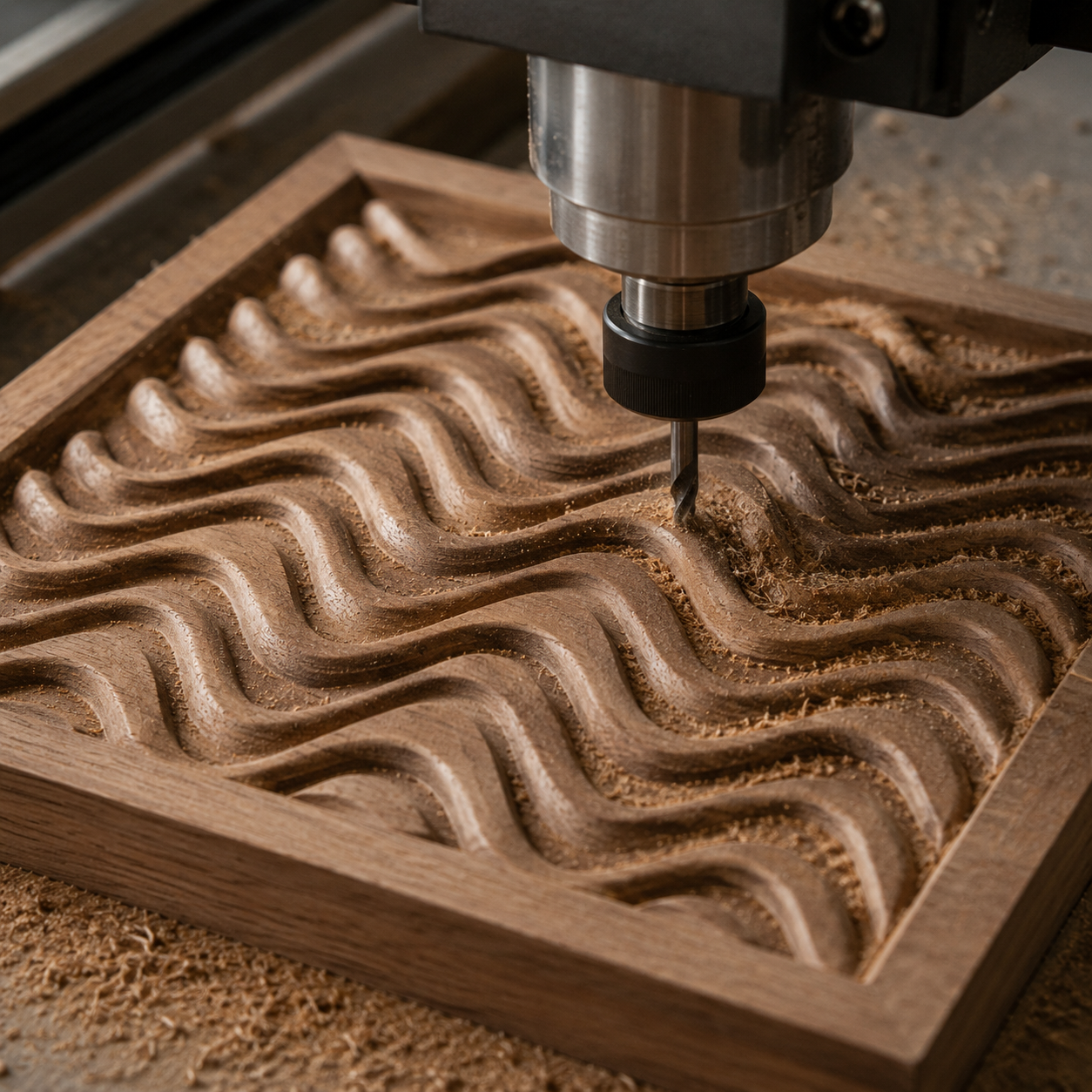 A CNC machine carves an abstract wavy pattern into a square wooden board using the "Abstract Wavy Acoustic Panel Relief STL File | Modern CNC Wall Art" by Form Arcade, with wood shavings scattered around the design—a striking example of modern CNC relief carving perfect for unique wall art and woodworking projects.
