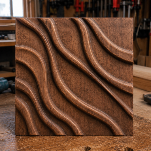 A square Acoustic Panel from the Form Arcade STL 2-Pack stands upright on a workbench in a woodworking shop, its smooth, wavy CNC-carved grooves forming an abstract flowing pattern that showcases the Decorative CNC Wall Art’s potential for unique woodworking projects.