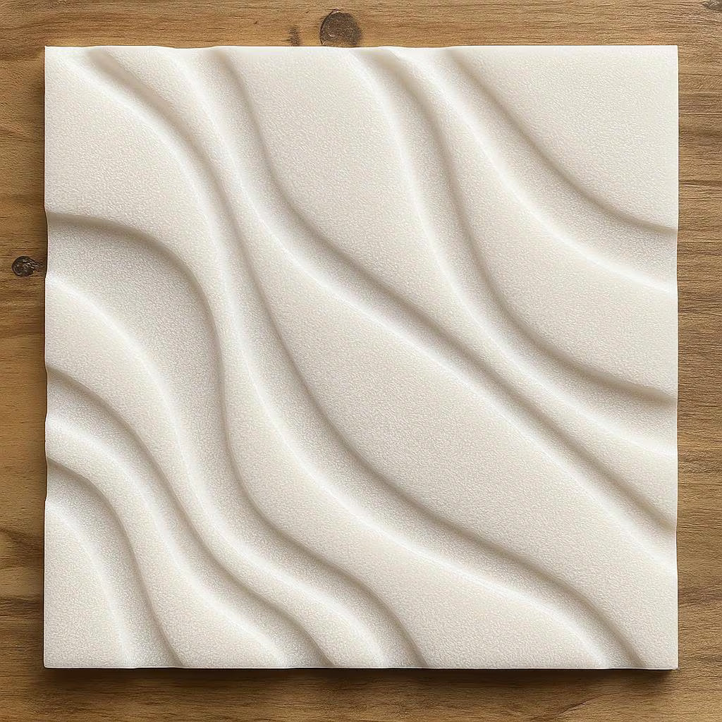 A square, cream-colored "Acoustic Panel Wavy Relief Cut" by Form Arcade rests on a wooden surface. The raised, wavy design creates an abstract textured pattern, giving the panel a flowing appearance—perfect for decorative CNC wall art and woodworking projects.