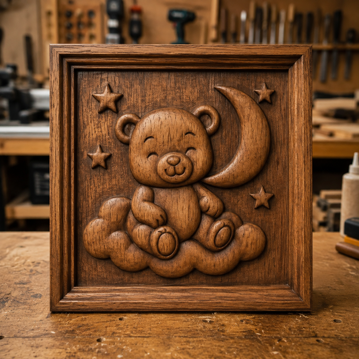Bring a touch of charm to your woodworking projects with Form Arcade’s “Adorable Bear Toy CNC Relief STL File | Kids CNC Wall Art.” This detailed design features a smiling teddy bear nestled on a cloud, with a crescent moon and twinkling stars in the background—perfect inspiration for CNC relief carving. The displayed artwork is shown in a workshop setting, complete with visible tools, making it an ideal addition to any maker’s collection.