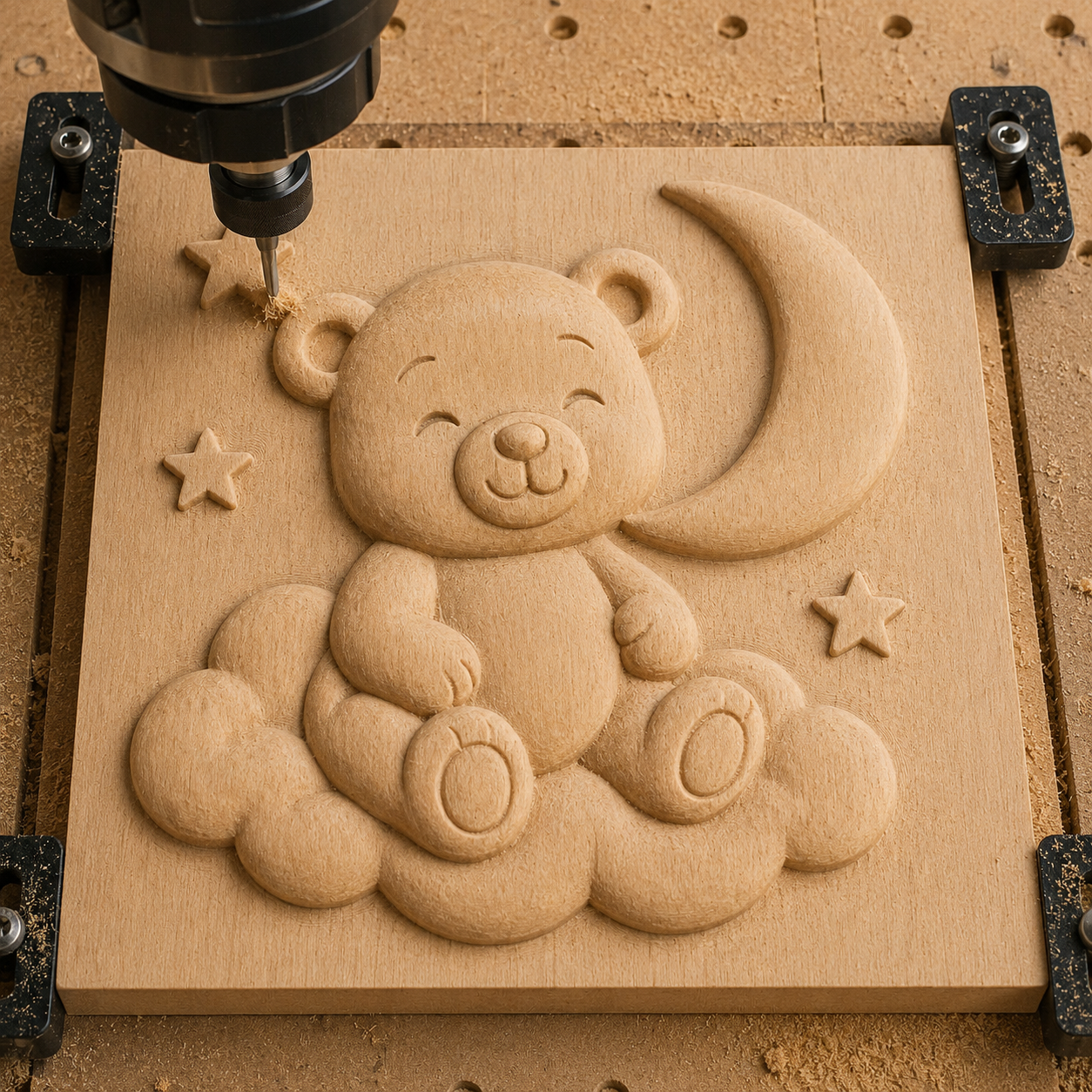 The “Adorable Bear Toy CNC Relief STL File” by Form Arcade lets you create kids’ wall art featuring a smiling bear sitting on a cloud, complete with a crescent moon and stars—ideal for custom woodworking projects or as inspiration for your next Teddy Bear STL design.