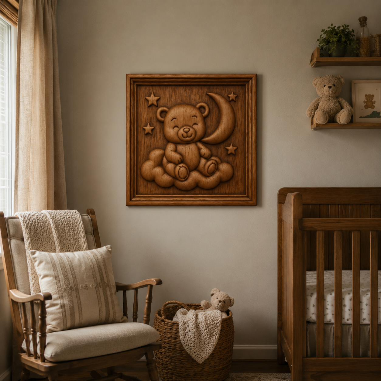 A cozy nursery features a wooden rocking chair, crib, and charming teddy bear wall art from Form Arcade displayed above a basket of stuffed animals. Light streams in from a window with curtains, highlighting woodworking projects like the intricate “Adorable Bear Toy CNC Relief STL File | Kids CNC Wall Art” showcased on the wall.