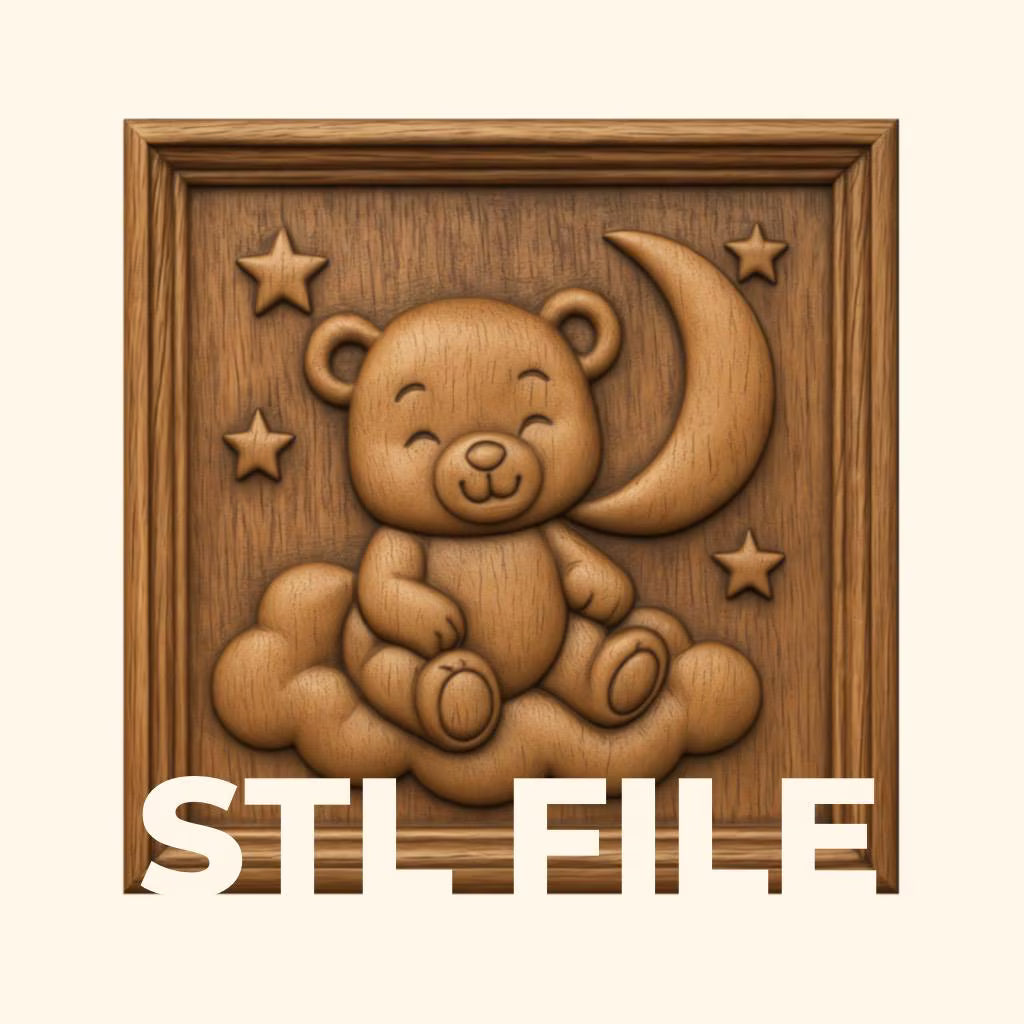 Adorable Bear Toy CNC Relief STL File by Form Arcade features a wooden relief art design of a smiling teddy bear sitting on a cloud with a crescent moon and stars, framed in wood. Perfect for CNC relief carving and woodworking projects. The text “STL FILE” is displayed at the bottom.