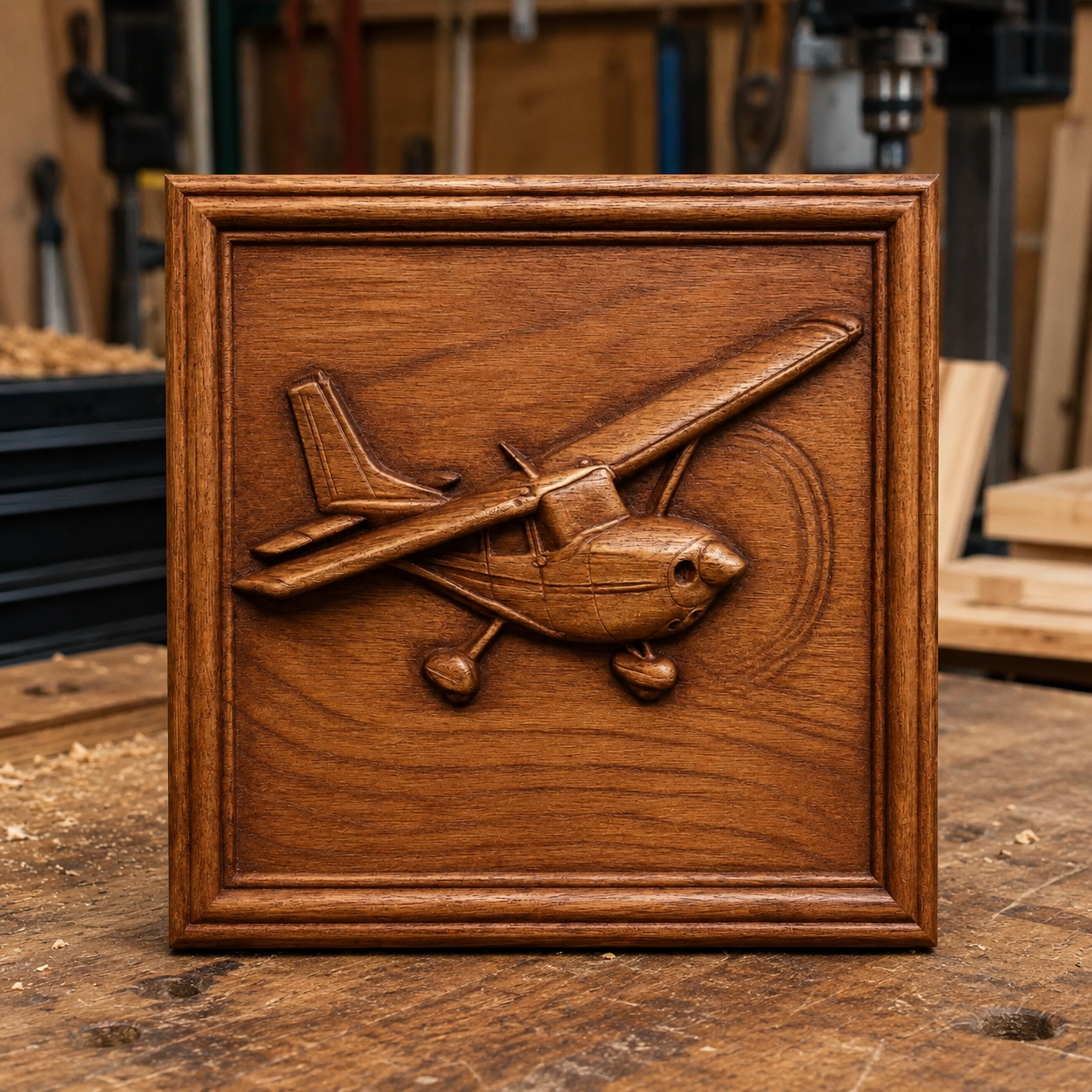 An "Airplane Relief STL File | Aviation CNC Wall Art" by Form Arcade is showcased on a workbench in a woodworking shop, with the detailed propeller airplane relief surrounded by tools and wood pieces in the background.