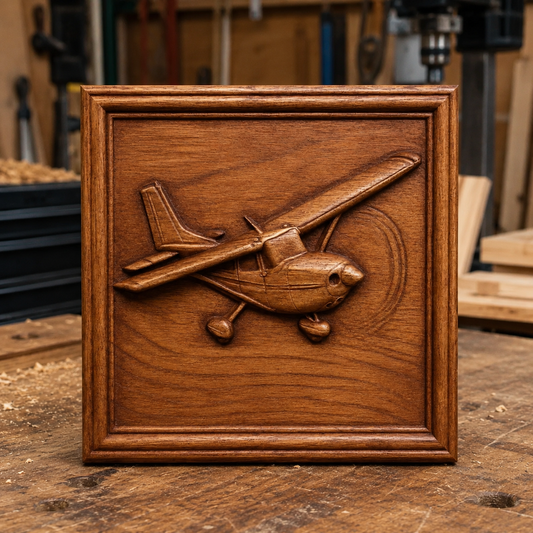 An "Airplane Relief STL File | Aviation CNC Wall Art" by Form Arcade is showcased on a workbench in a woodworking shop, with the detailed propeller airplane relief surrounded by tools and wood pieces in the background.