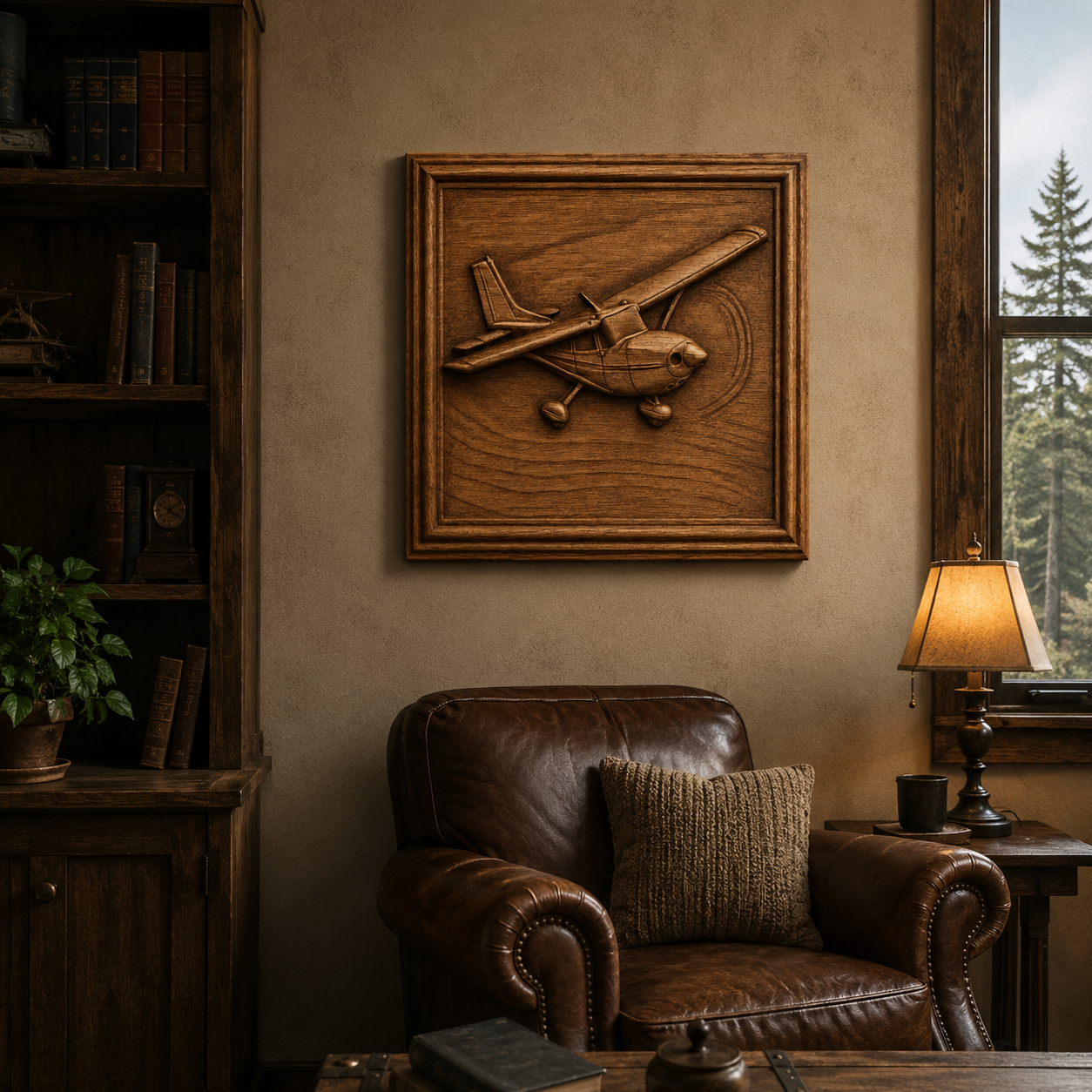 A cozy study features a leather armchair, a wooden bookcase, a table lamp, and the "Airplane Relief STL File | Aviation CNC Wall Art" by Form Arcade—a striking example of CNC relief carving or advanced woodworking projects—displayed as carved wooden wall art, with a window overlooking pine trees.