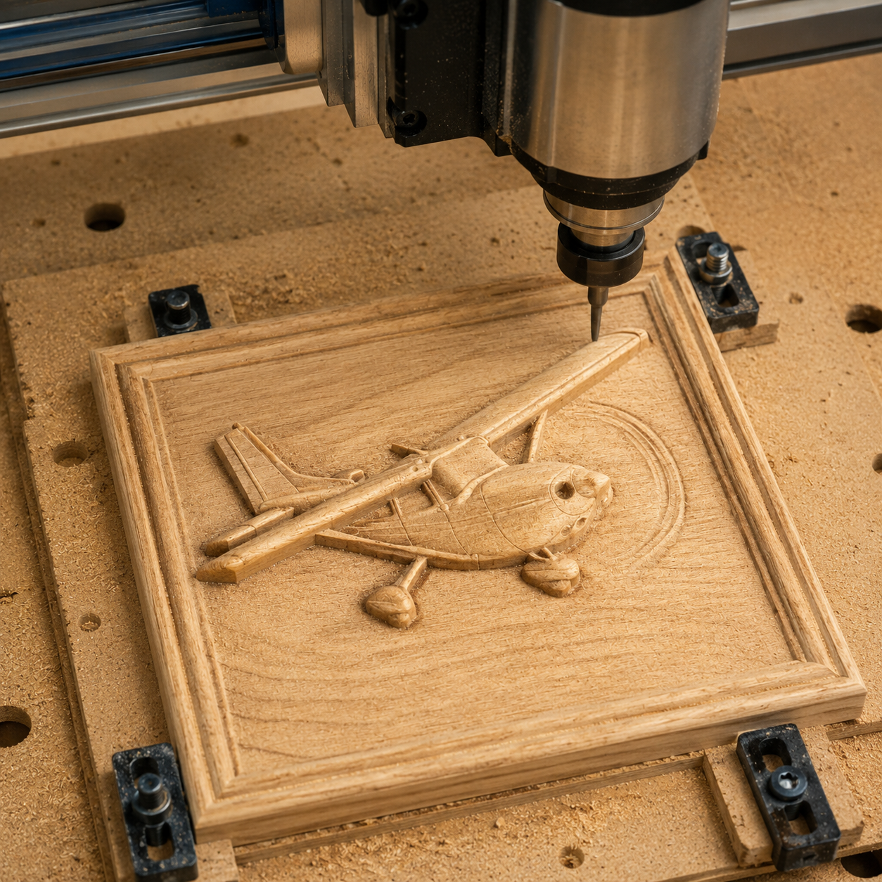 A CNC machine carves a detailed 3D relief of an airplane on a wooden board, showcasing precision CNC relief carving with sawdust scattered around the workspace. This woodworking project features the Airplane Relief STL File | Aviation CNC Wall Art from Form Arcade for added detail.