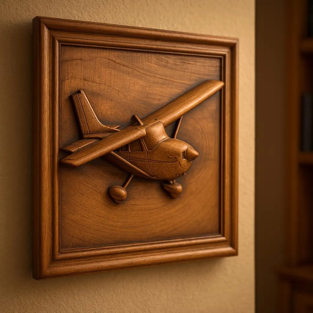Showcase your woodworking with the Airplane Relief STL File | Aviation CNC Wall Art from Form Arcade—a digital design for creating stunning CNC-carved wooden wall art. Its detailed relief brings a small airplane to life with a three-dimensional effect, perfect for framing and mounting on a beige wall or incorporating into your next project.