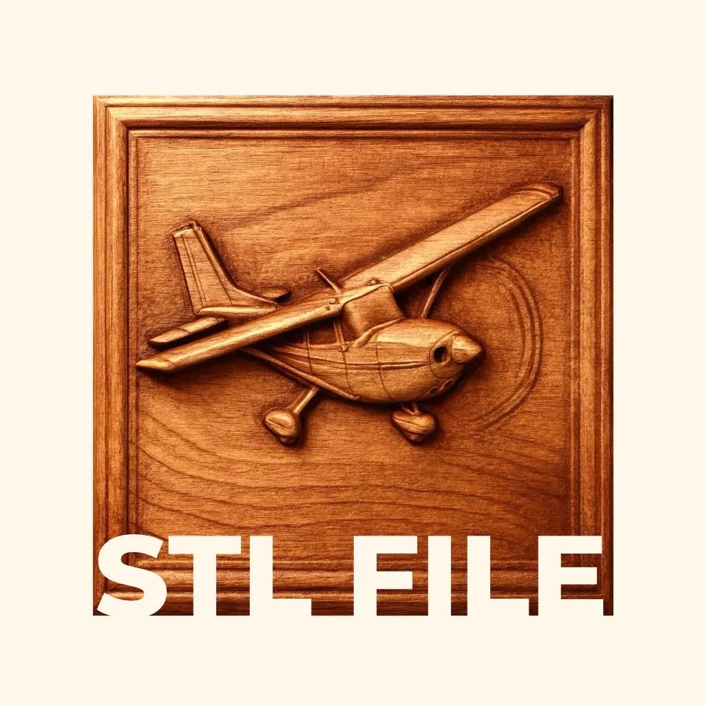 A wooden relief carving of a small airplane is displayed on a square panel, making it perfect for woodworking and CNC relief carving projects. The text "Airplane Relief STL File | Aviation CNC Wall Art by Form Arcade" appears in large, bold letters at the bottom of the image.