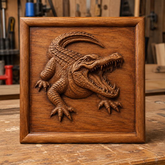 A wooden plaque featuring a detailed, three-dimensional CNC relief carving of an alligator with an open mouth is displayed on a workbench in a woodworking shop, showcasing the craftsmanship possible with the “Alligator CNC Relief STL File | Crocodile Wildlife CNC Wall Art” design from Form Arcade.