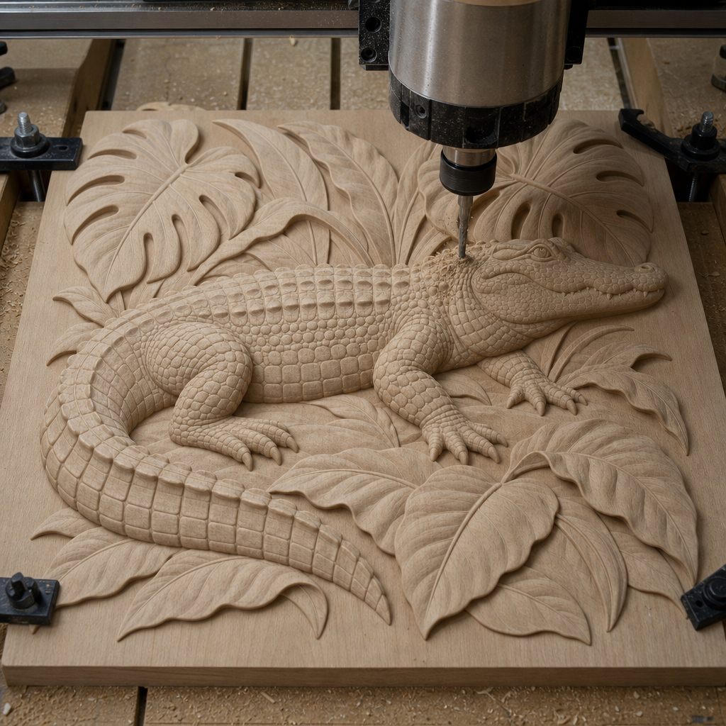 CNC spindle cutting a pale wood relief of an alligator with textured scales, curved tail, and layered tropical leaves.