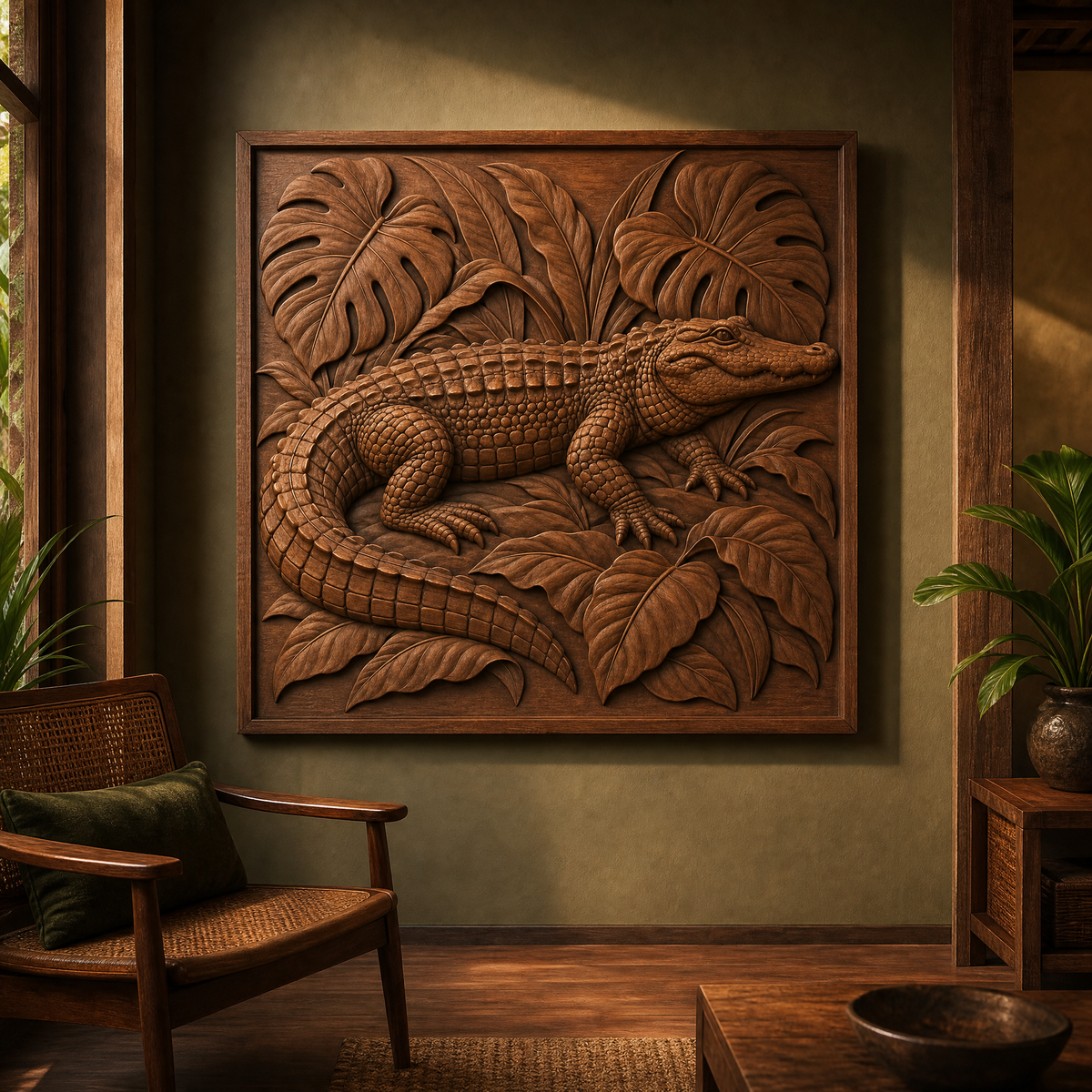 Framed alligator CNC relief with textured scales and tropical leaves displayed on a wall in a warmly furnished room.