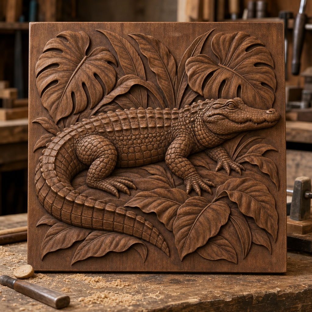 Detailed alligator with textured scales, clawed feet, and curved tail in overlapping tropical leaves, shown as a CNC wood relief.