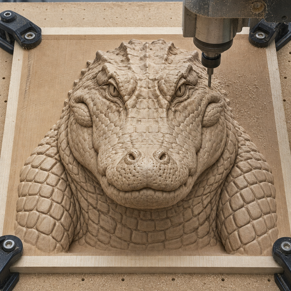 CNC machine cutting a detailed alligator relief into a pale wood panel, with clamps and wood dust visible.