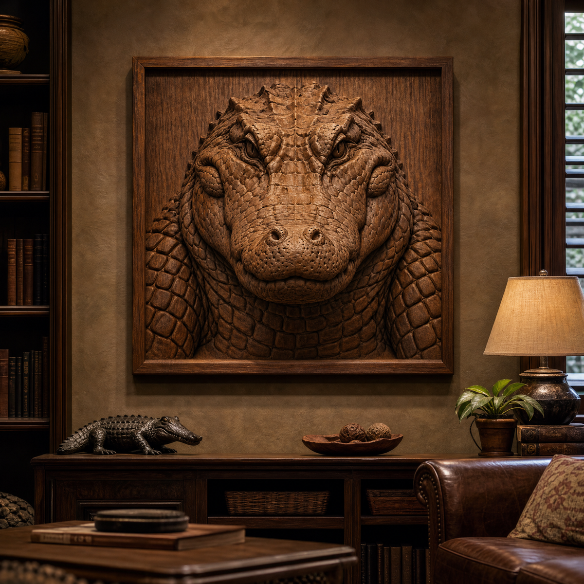 Framed alligator CNC relief hangs on a living room wall above a console, with a lamp and plant nearby.