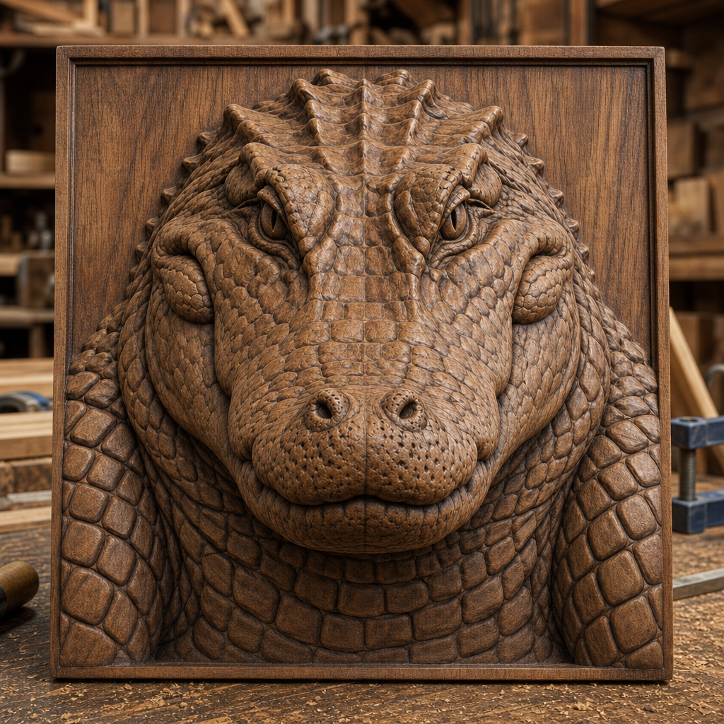 Framed alligator CNC wood relief with textured scales and broad snout, shown in a woodworking shop.