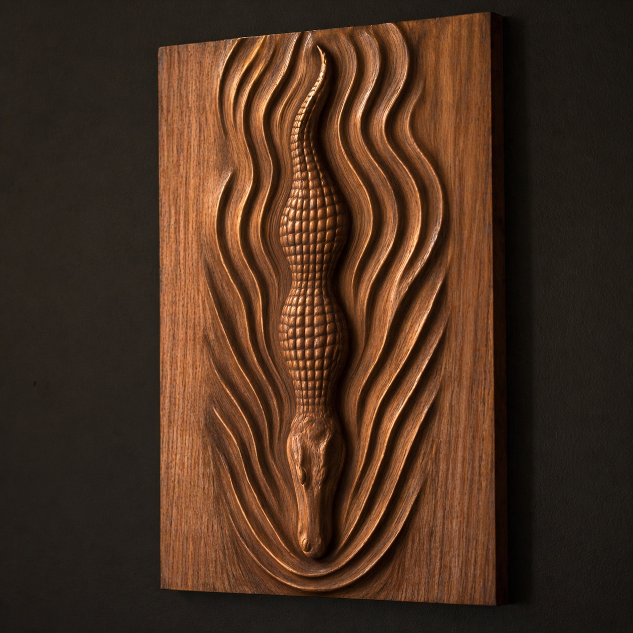 The Alligator Relief STL File by Form Arcade features a crocodile with textured scales and wavy line details on a rectangular panel—perfect CNC wall art or 3D print for wildlife decor, shown mounted on a dark wall.