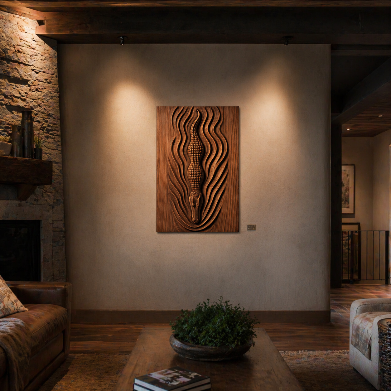 A living room displays the Form Arcade "Alligator Relief STL File | Crocodile Wildlife CNC Wall Art," a CNC-carved abstract crocodile mounted on a beige wall with spotlights. A stone fireplace is to the left, plus coffee table and plant in front.