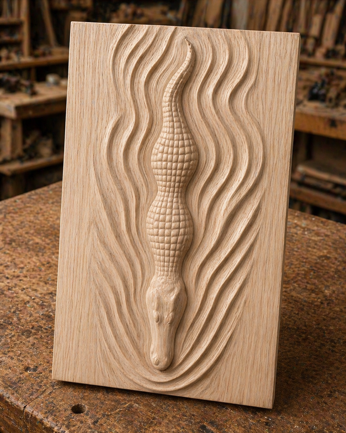 The Alligator Relief STL File by Form Arcade features a stylized crocodile with textured scales and wavy water lines, perfect for CNC wildlife wall art projects. Displayed upright, it brings artistic nature scenes to your workshop décor.