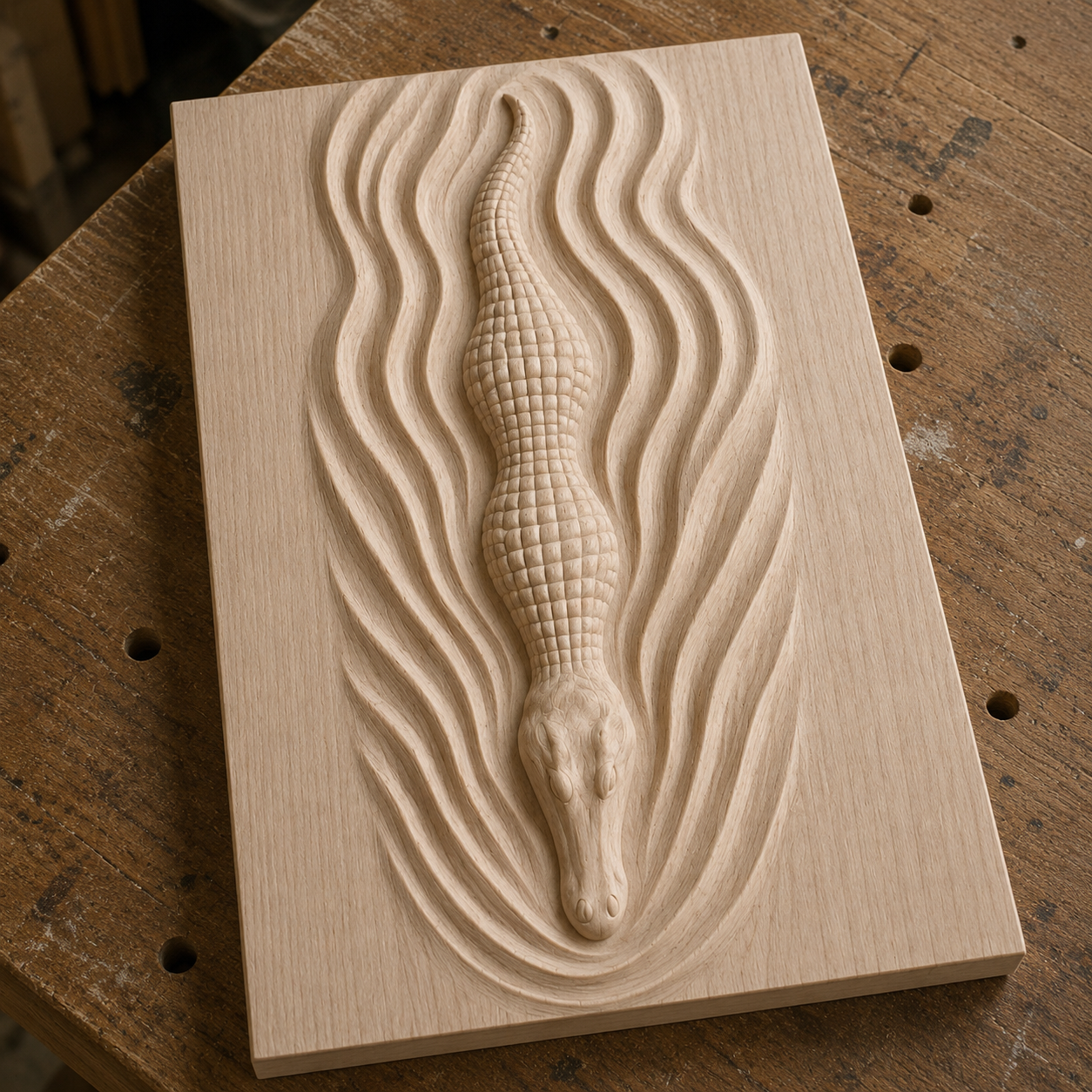 The Alligator Relief STL File | Crocodile Wildlife CNC Wall Art by Form Arcade features a carved crocodile swimming among wavy water lines—perfect for CNC carving or 3D printing creative wildlife decor.