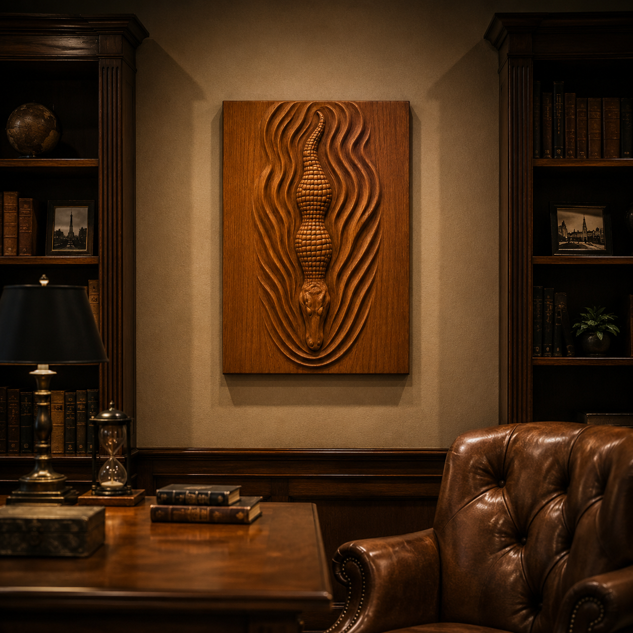 A refined office or library features a leather chair, wooden desk, bookshelves, and the Alligator Relief STL File by Form Arcade—a striking CNC-carved crocodile wall art—as the focal point. Warm lighting creates a cozy, elegant atmosphere.