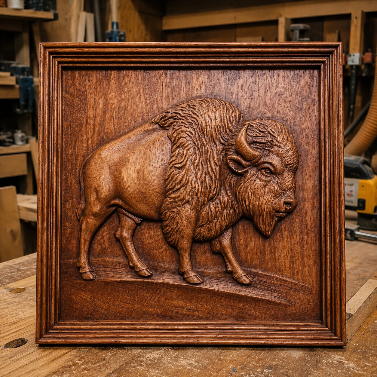 The American Bison Relief STL File by Form Arcade is displayed on a workbench in a workshop setting, showcasing impressive wildlife CNC wall art perfect for woodworking projects.
