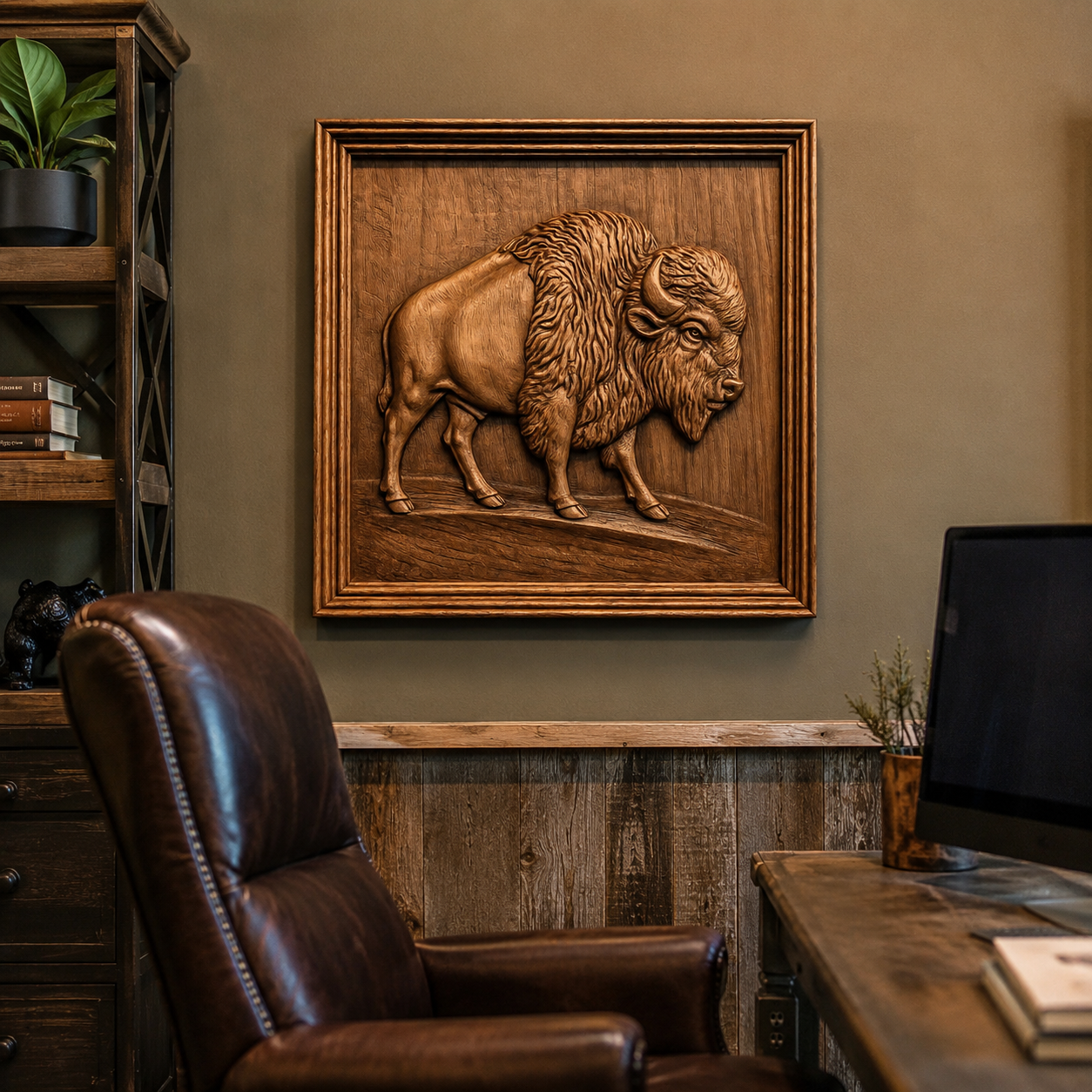 A cozy office features the "American Bison Relief STL File | Wildlife CNC Wall Art" by Form Arcade displayed in a frame above a leather chair, with a desk, books, and a plant adding to the warm, rustic atmosphere.