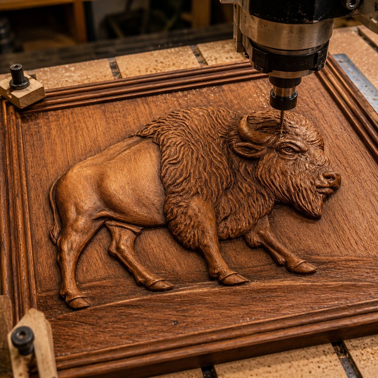 Form Arcade's 'American Bison Relief STL File | Wildlife CNC Wall Art' lets you create a striking 3D bas relief of an American bison on a square wooden panel using your CNC machine, highlighting intricate fur and muscle textures for an impressive piece of woodworking wall art.