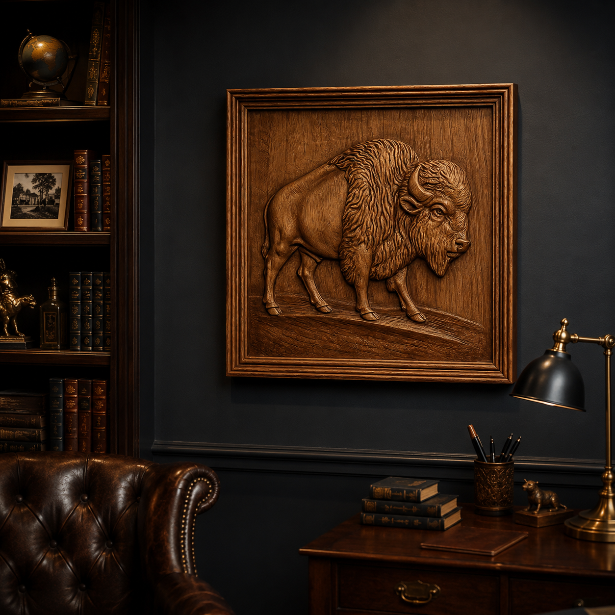 The "American Bison Relief STL File | Wildlife CNC Wall Art" by Form Arcade is displayed on a dark wall above a desk with books, a lamp, and pens; nearby sit a leather chair and a bookshelf featuring a globe and framed photo.