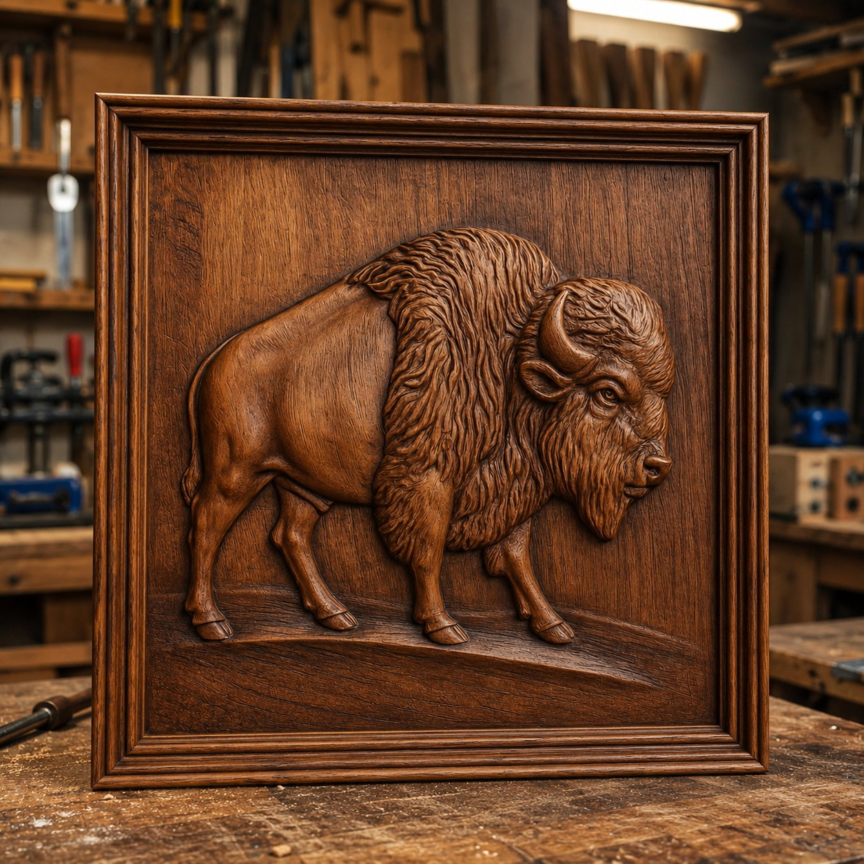 The American Bison Relief STL File by Form Arcade offers wildlife CNC wall art, featuring a detailed bison carving in a square frame—perfect for showcasing your woodworking and CNC relief carving skills.