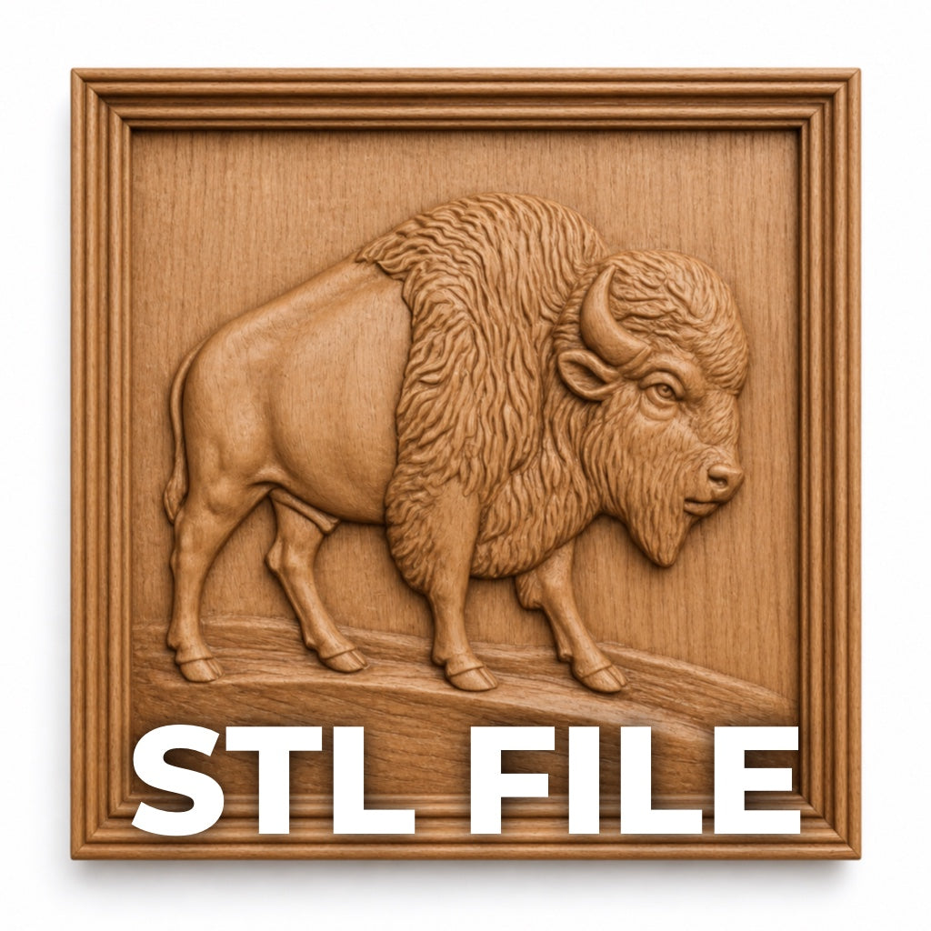 The American Bison Relief STL File by Form Arcade features a wooden CNC carving of a bison on grass, framed with a border. Ideal for wildlife wall art or as a bas relief STL file for woodworking projects.