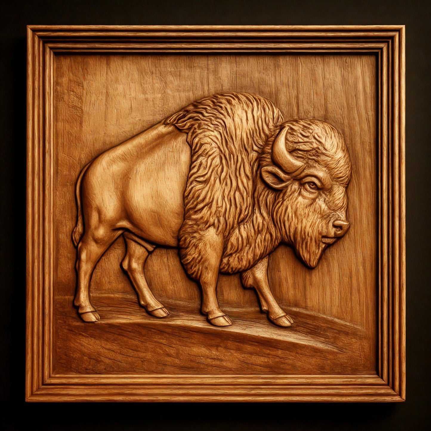 The American Bison Relief STL File by Form Arcade features a detailed bison in profile, with textured fur and strong features, framed in a square design. Perfect wildlife CNC wall art for woodworking or laser projects.