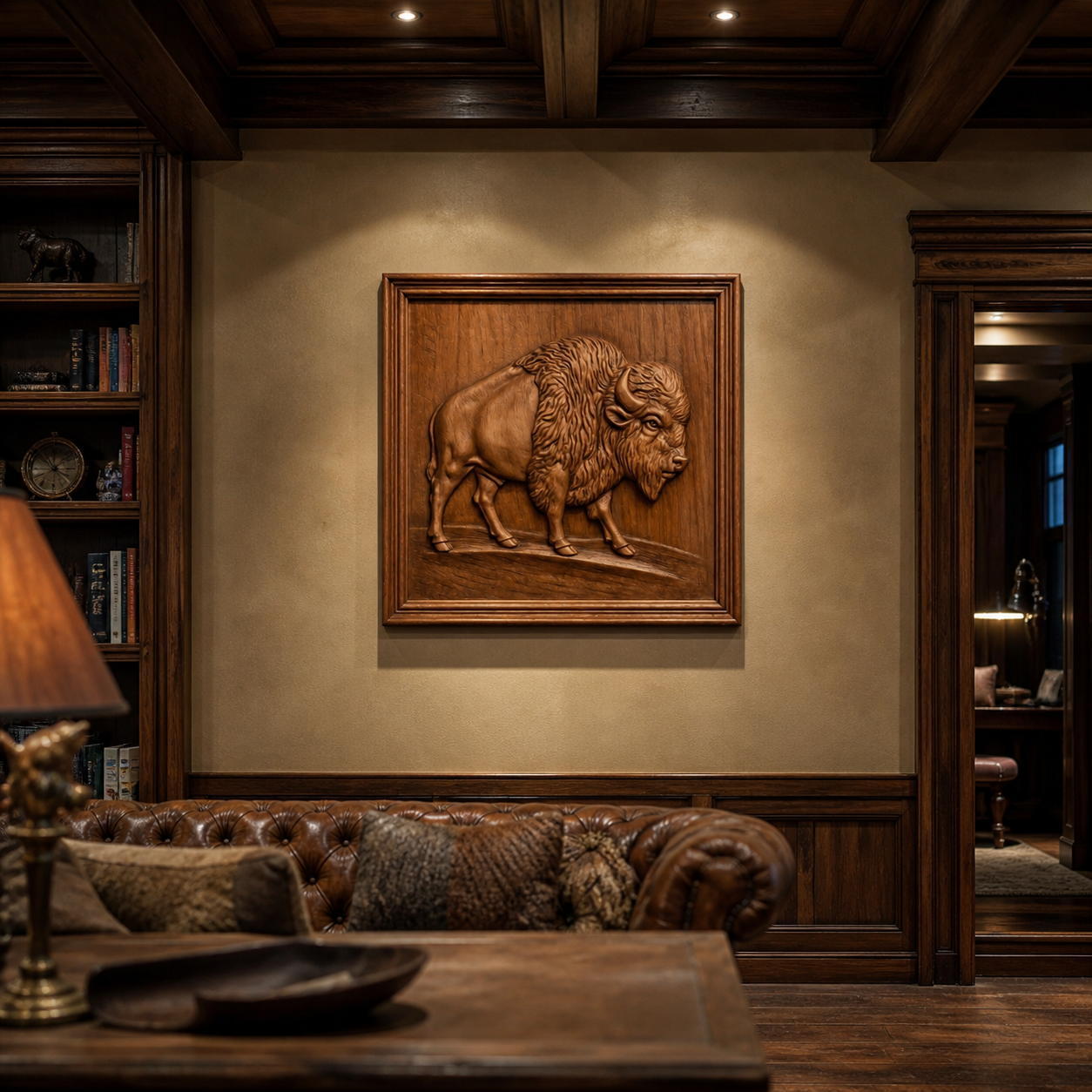 A cozy, wood-paneled study features a leather sofa, bookshelves, and the Form Arcade American Bison Relief STL File—wildlife CNC wall art—mounted on the wall, all warmly lit by soft ambient lighting.