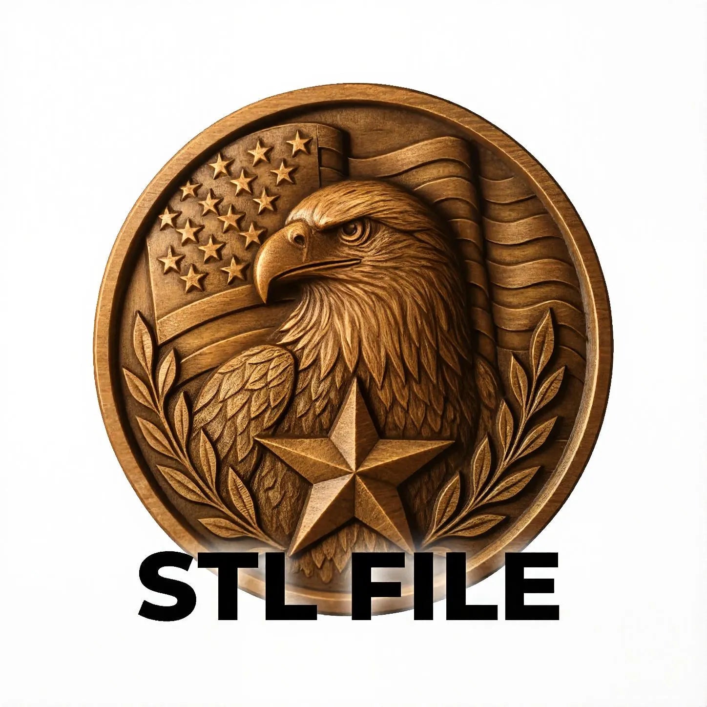 Wood carved circular American eagle coin relief with stars and central emblem, optimized for clean CNC carving and smooth depth transitions.