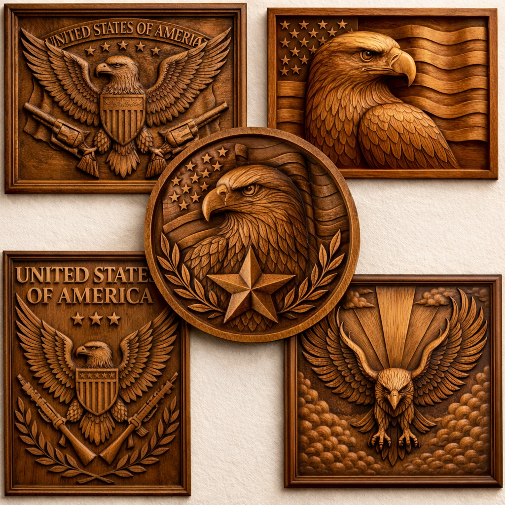 Grid layout of American eagle CNC relief designs including circular coin, shield emblem, wings spread, and flag background panels, showcasing the full variety included in this STL bundle.