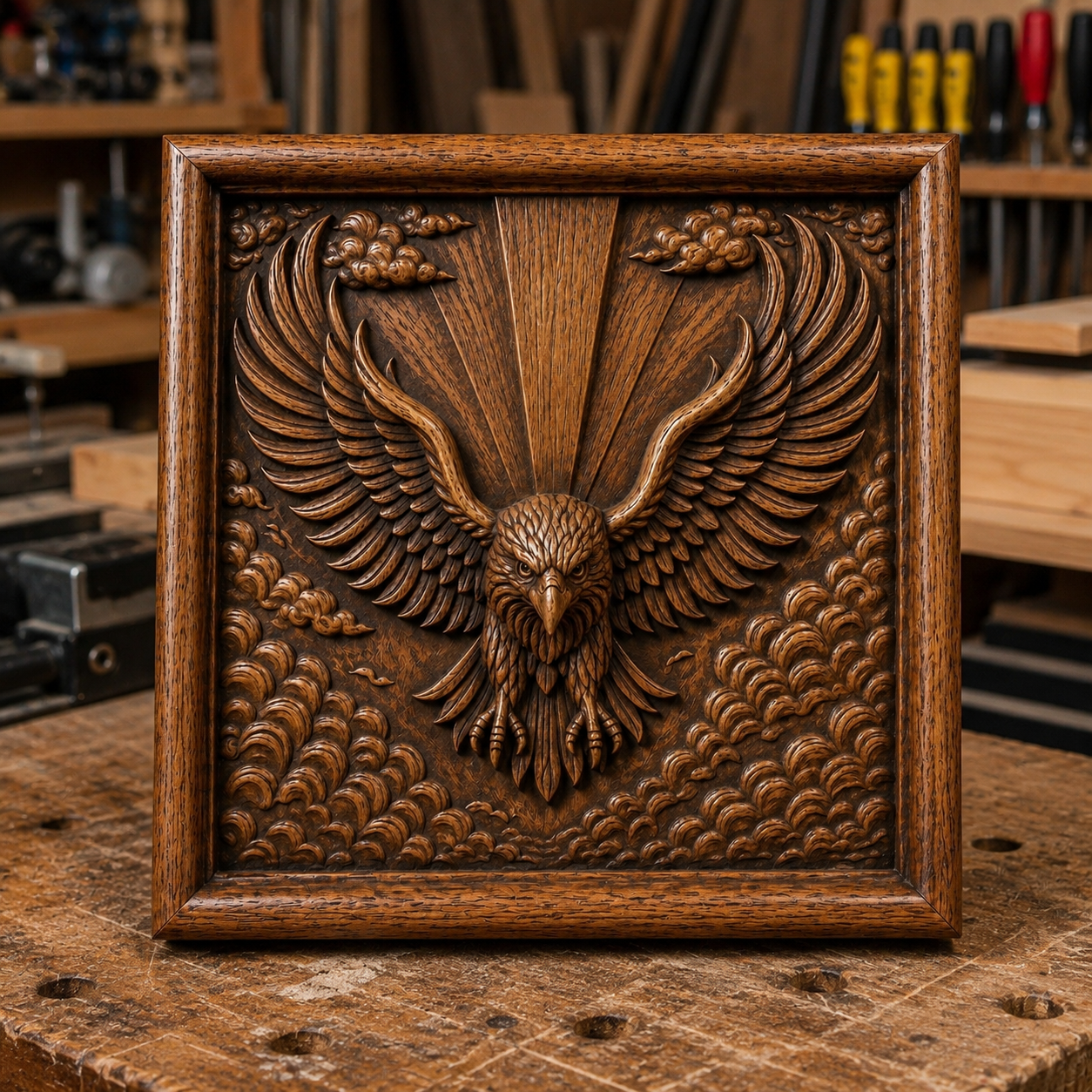 The American Eagle Crest Relief STL File by Form Arcade is a patriotic eagle CNC wall art design, featuring outstretched wings, clouds, and rays in a square frame—perfect for woodworking projects.