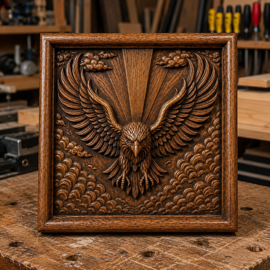 The American Eagle Crest Relief STL File by Form Arcade is a patriotic eagle CNC wall art design, featuring outstretched wings, clouds, and rays in a square frame—perfect for woodworking projects.