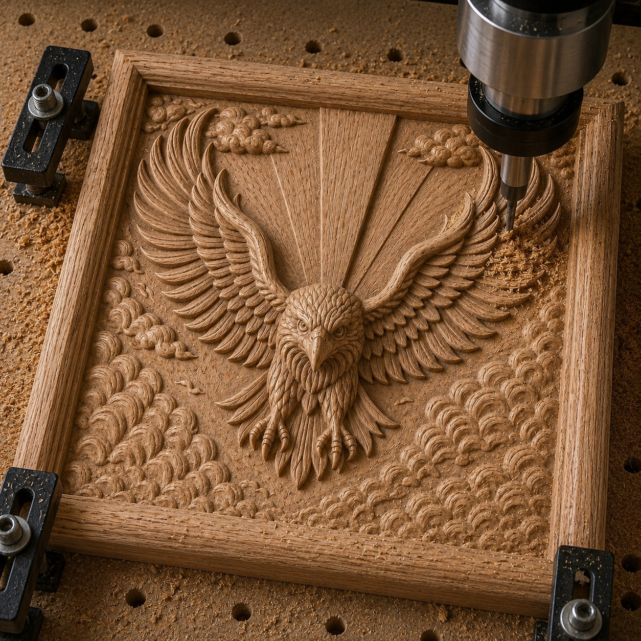 A CNC machine carves the Form Arcade American Eagle Crest Relief STL File—Patriotic Eagle CNC Wall Art—into wood, shaping outstretched wings and clouds on a square panel as wood shavings gather around the bas relief design.