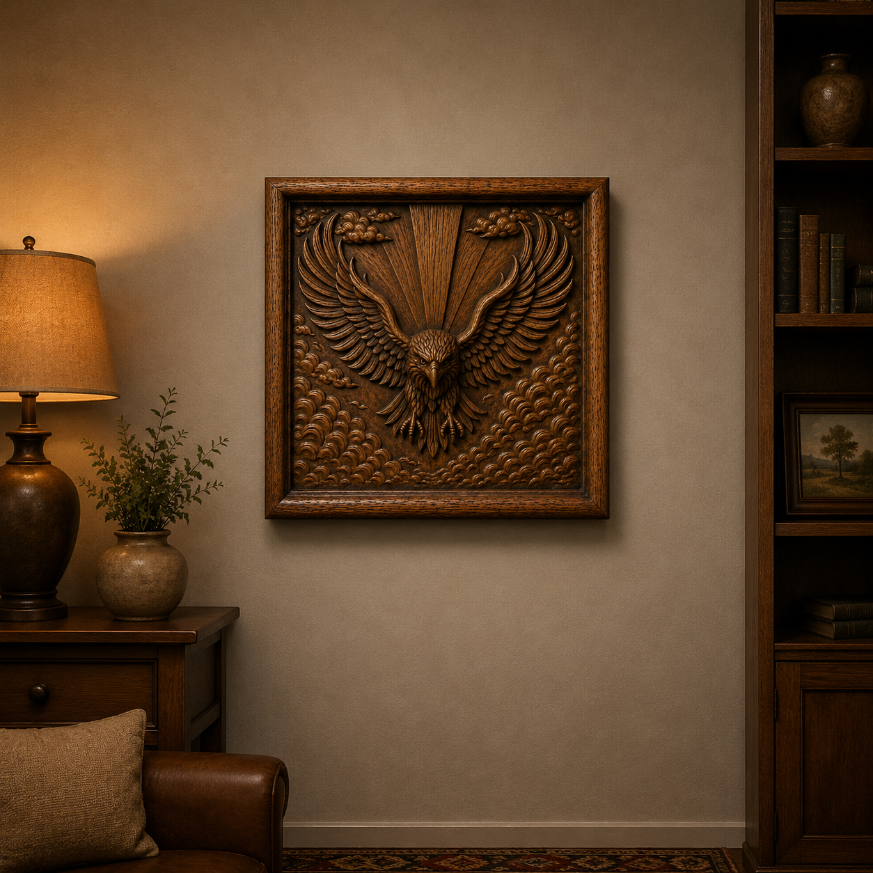A cozy living room showcases the American Eagle Crest Relief STL File | Patriotic Eagle CNC Wall Art by Form Arcade above a side table with a lamp and vase, complemented by books, framed art, and warm lighting for an inviting atmosphere.