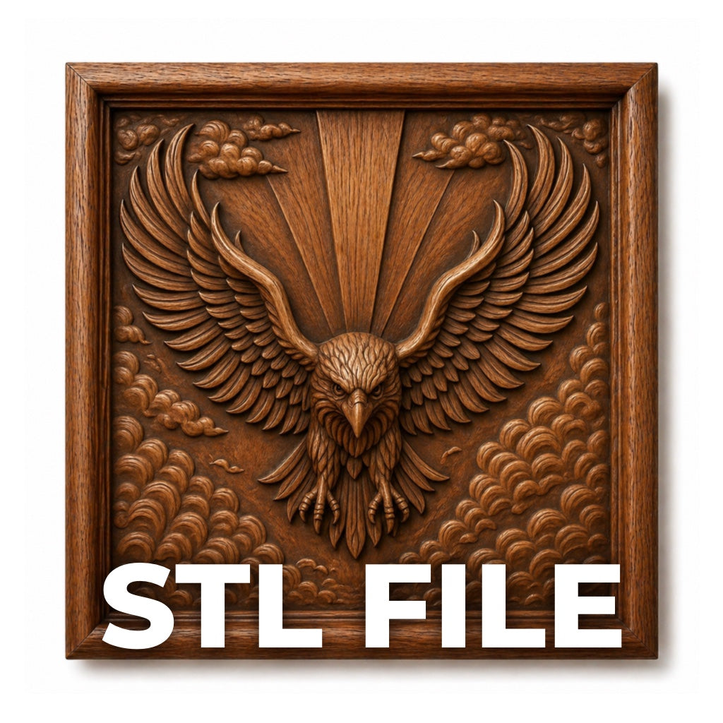 The American Eagle Crest Relief STL File by Form Arcade features a patriotic eagle with outstretched wings, clouds, and rays in a square frame—perfect for CNC carving or 3D printing enthusiasts. Large white text below reads STL FILE.