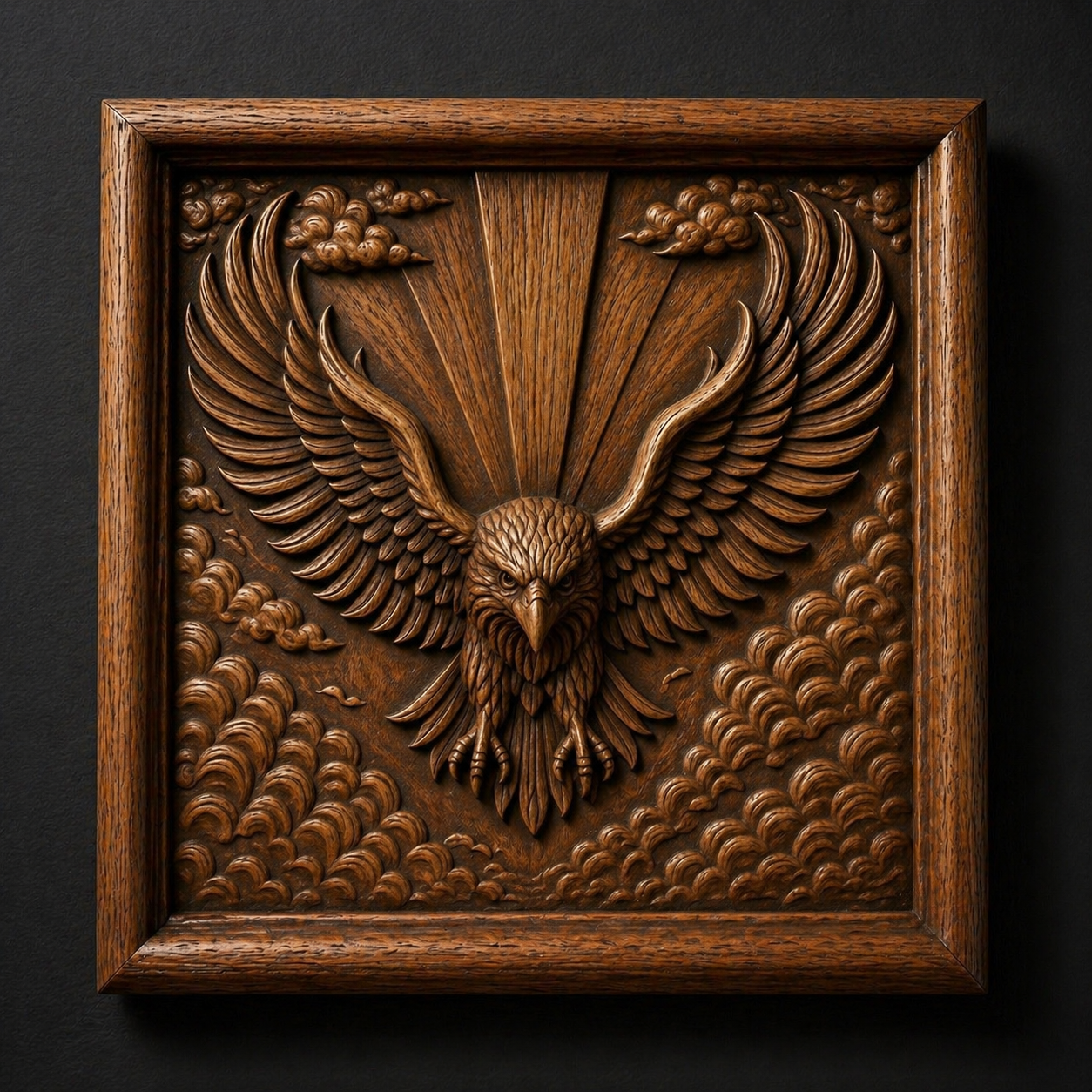 The American Eagle Crest Relief STL File by Form Arcade features a detailed eagle with outstretched wings, surrounded by clouds and rays in a square frame—ideal for patriotic CNC wall art.