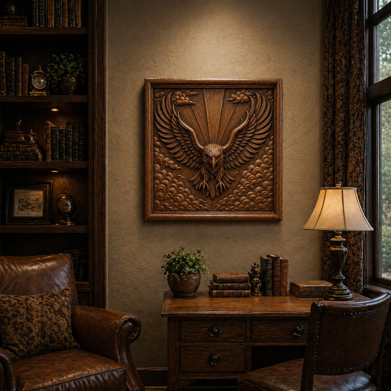 A cozy study with a leather chair, wooden desk, shelves, lamp, and Form Arcade’s American Eagle Crest Relief STL File | Patriotic Eagle CNC Wall Art on the wall. Daylight streams through a window with patterned curtains.