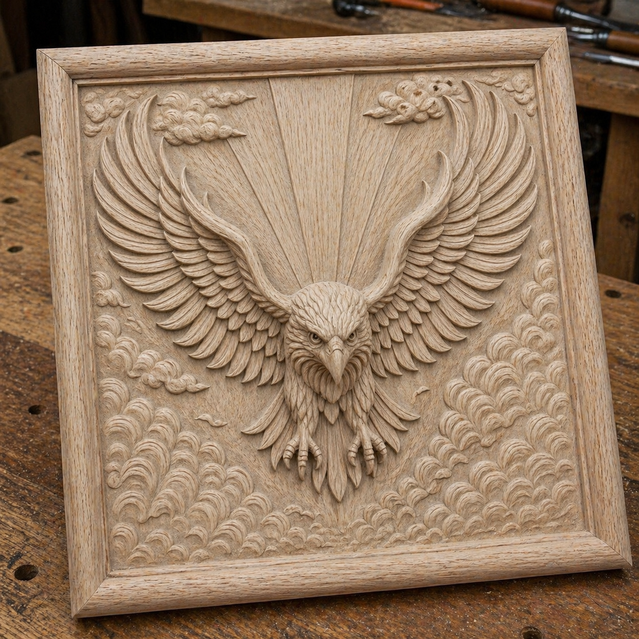 The American Eagle Crest Relief STL File by Form Arcade features a patriotic eagle with outstretched wings amid clouds and rays of light, designed for CNC carving as striking wall art.