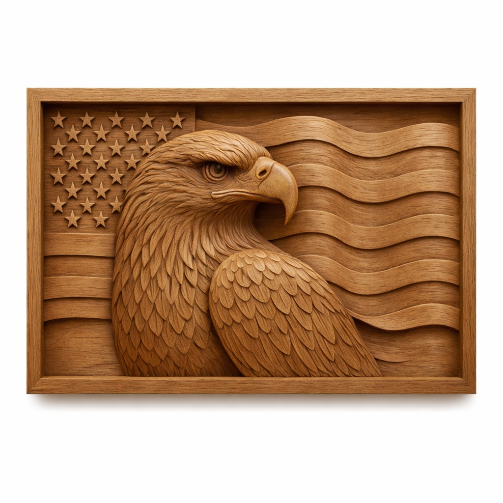 Wood carved American eagle profile with flowing USA flag background, designed for CNC carving with smooth toolpaths and detailed relief depth.