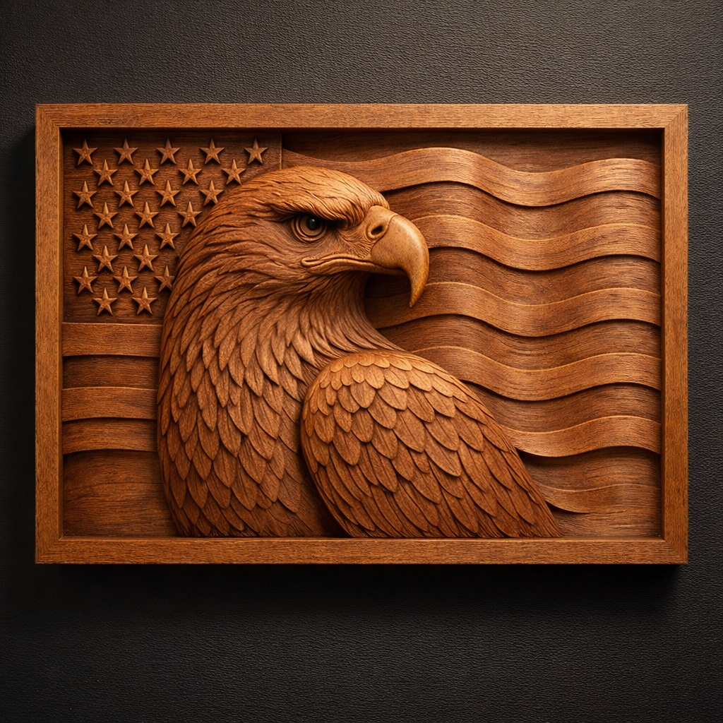 Close-up of carved wooden panel showing American eagle head with detailed feather texture and layered flag background, deep relief carving with smooth transitions and strong shadow contrast, framed square panel design ideal for CNC wall art projects and high-detail woodworking pieces