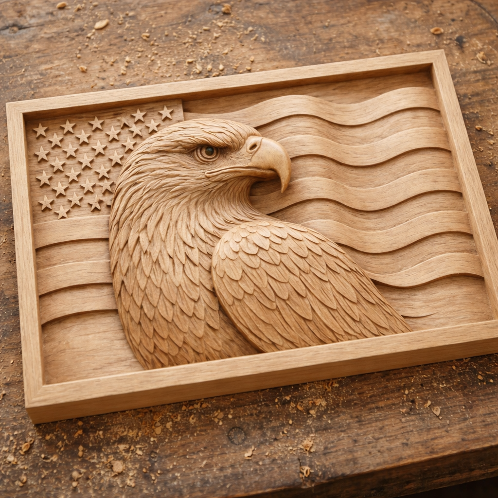 Freshly carved American eagle relief panel in unfinished wood resting on workbench, visible toolpaths and clean depth transitions across eagle feathers and flag waves, flat background surface with raised relief elements, ideal example of CNC carving output from STL file
