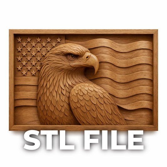American eagle relief carving with detailed feathers and flowing American flag background framed in wood panel, bold patriotic wall art design with strong depth and clean carved edges, designed for CNC carving and 3D printing applications, featuring layered relief structure and crisp flag waves behind eagle profile