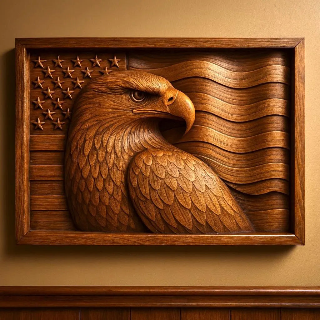 Framed American eagle relief wall art mounted on interior wall, carved wood panel with flowing flag pattern behind eagle profile, warm lighting highlighting depth and contour of carving, decorative patriotic wall piece suitable for home, office, or workshop display