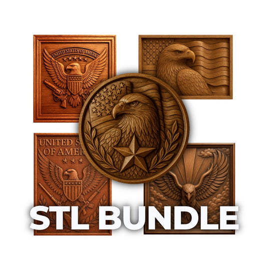 Wood carved American eagle CNC relief bundle featuring multiple patriotic eagle designs including coin style, shield, and framed wall panels, displayed together as a 5 pack STL bundle preview labeled STL bundle.